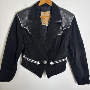 Vintage Western Suede Leather Jacket 80's Frontier Cropped Black White Trim L
